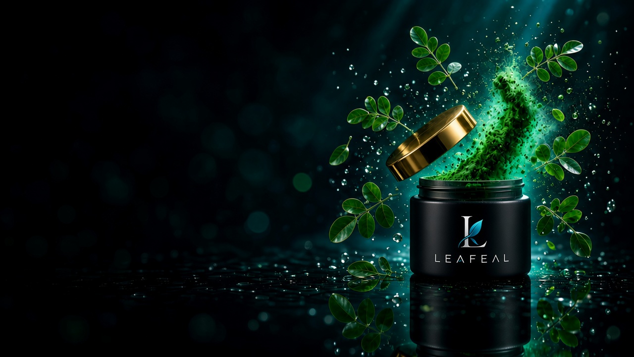 LEAFEAL moringa jar with a burst of moringa powder and fresh leaves